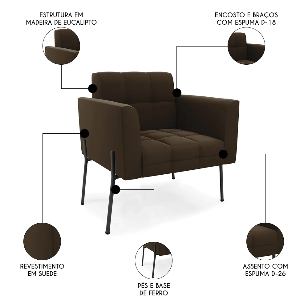 Poltrona Para Sala Pé Metal Preto Kit 2 Ana Suede Marrom - Ibiza