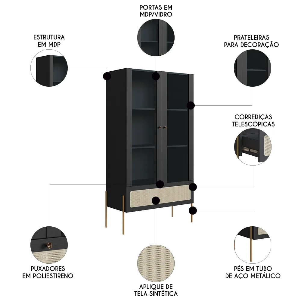 Cristaleira 2 Portas de Vidro Pé Metal Arlo A10 Nero/Dourado - Mpozenato