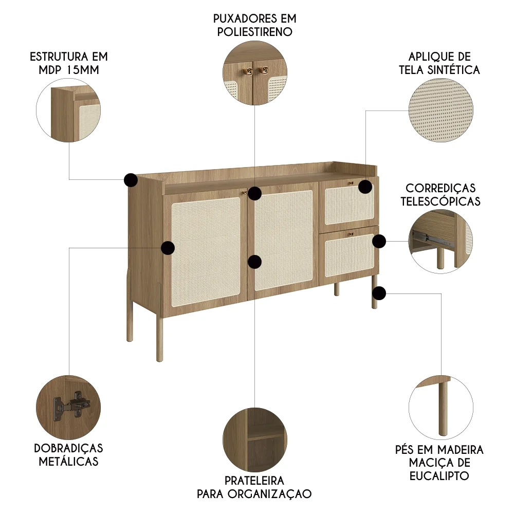 Balcão Aparador Buffet Pés de Madeira Arlo A10 Hanover - Mpozenato