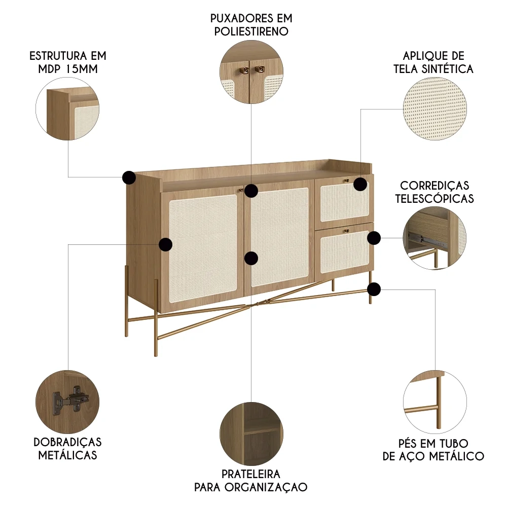 Balcão Aparador Buffet 2 Portas Pé Metal Arlo A10 Hanover/Dourado - Mpozenato