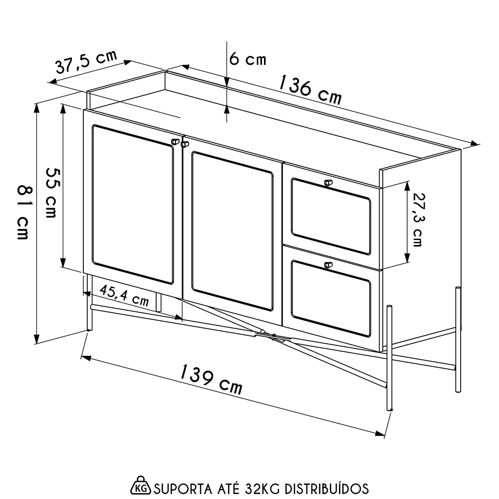 Balcão Aparador Buffet 2 Portas Pé Metal Arlo A10 Hanover/Dourado - Mpozenato