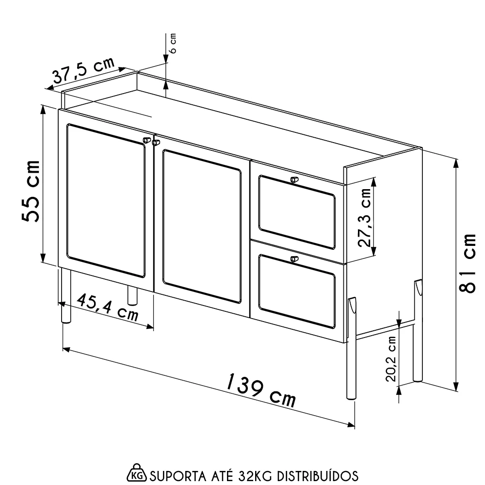 Balcão Aparador Buffet Pés de Madeira Arlo A10 Nero/Preto - Mpozenato