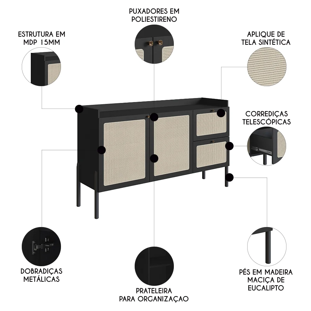 Balcão Aparador Buffet Pés de Madeira Arlo A10 Nero/Preto - Mpozenato