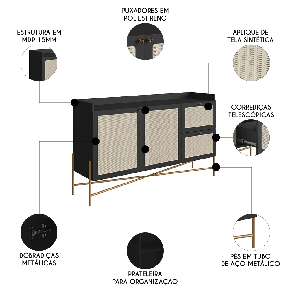 Balcão Aparador Buffet 2 Portas Pé Metal Arlo A10 Nero/Dourado - Mpozenato