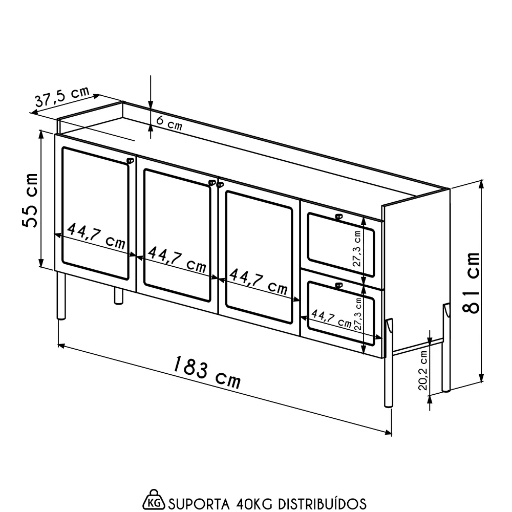 Balcão Aparador Buffet 3 Portas Pés Madeira Arlo A10 Hanover - Mpozenato