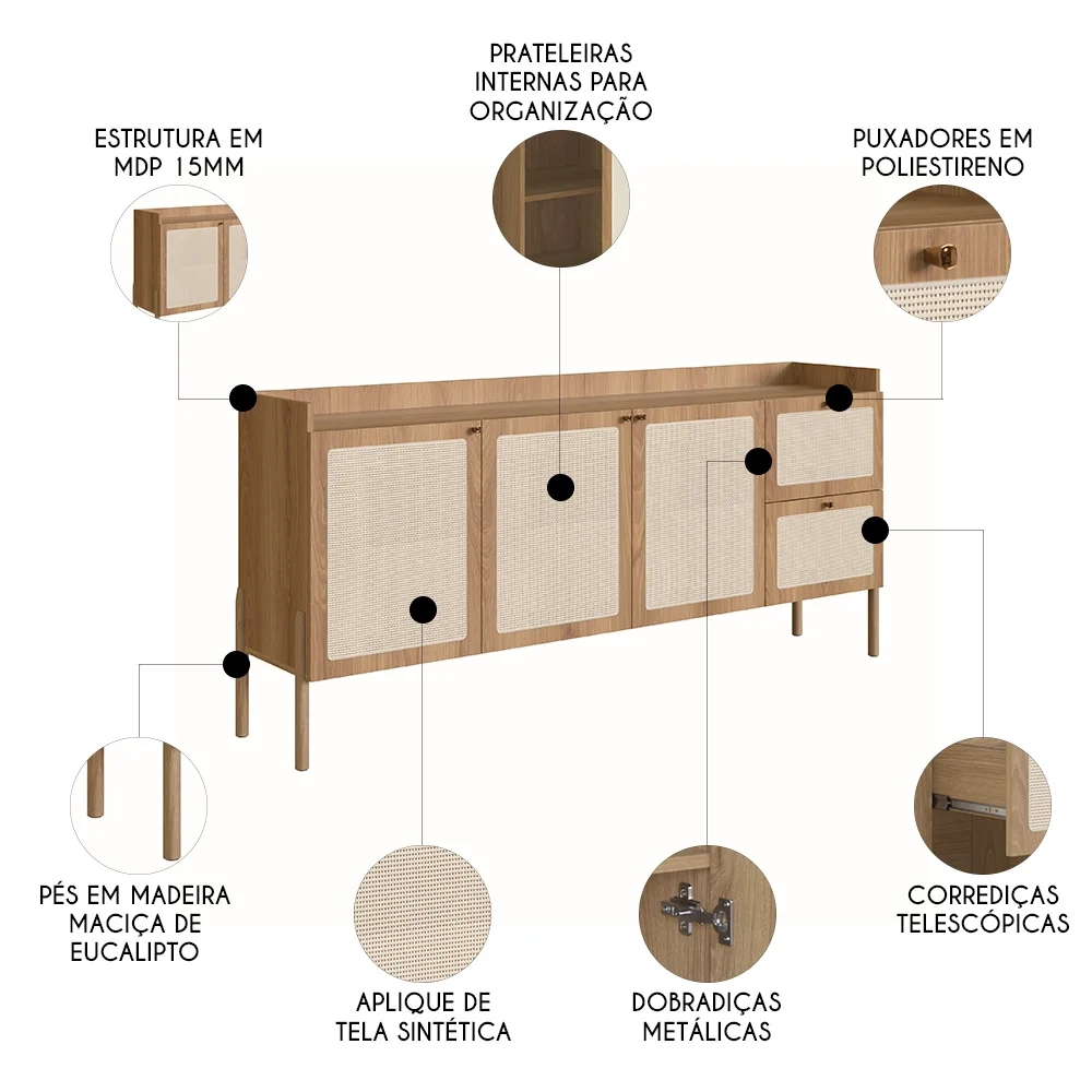 Balcão Aparador Buffet 3 Portas Pés Madeira Arlo A10 Hanover - Mpozenato