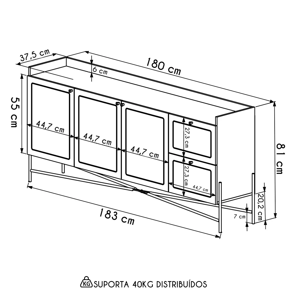 Balcão Aparador Buffet 3 Portas Pé Metal Arlo A10 Hanover/Dourado - Mpozenato