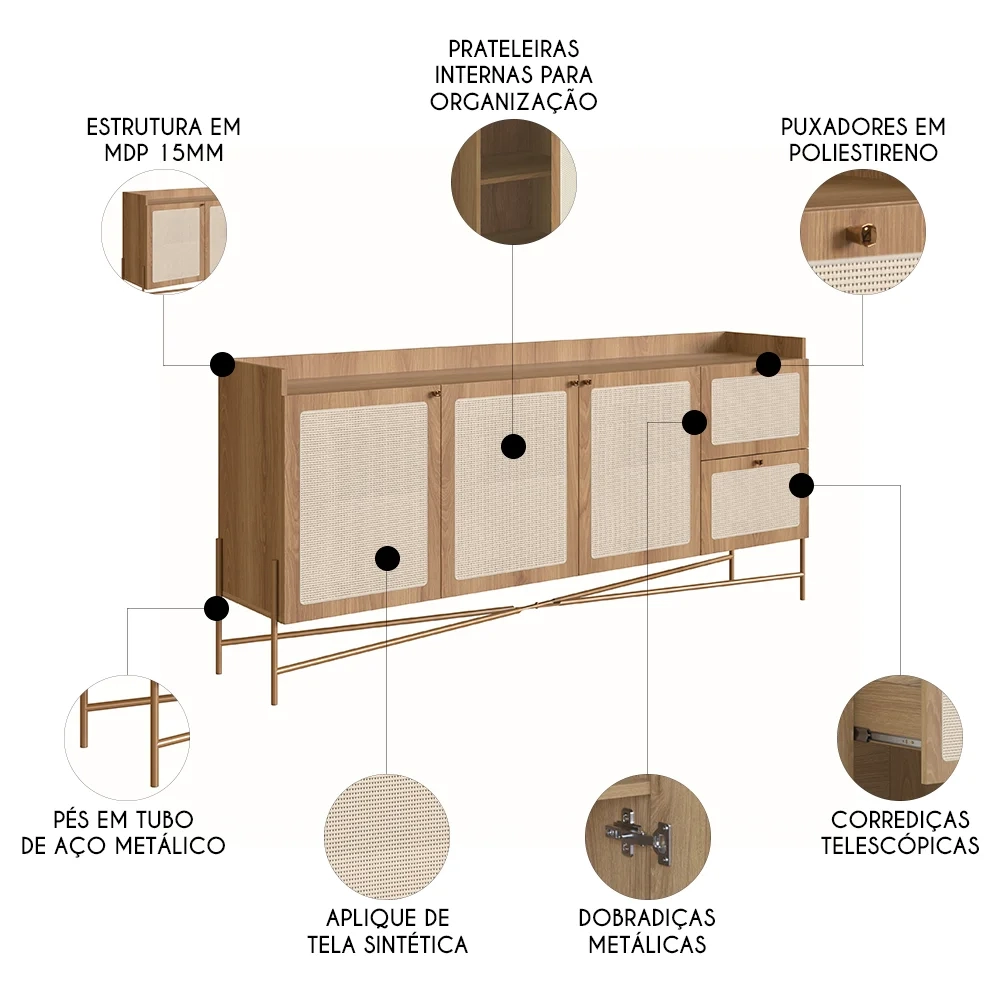 Balcão Aparador Buffet 3 Portas Pé Metal Arlo A10 Hanover/Dourado - Mpozenato