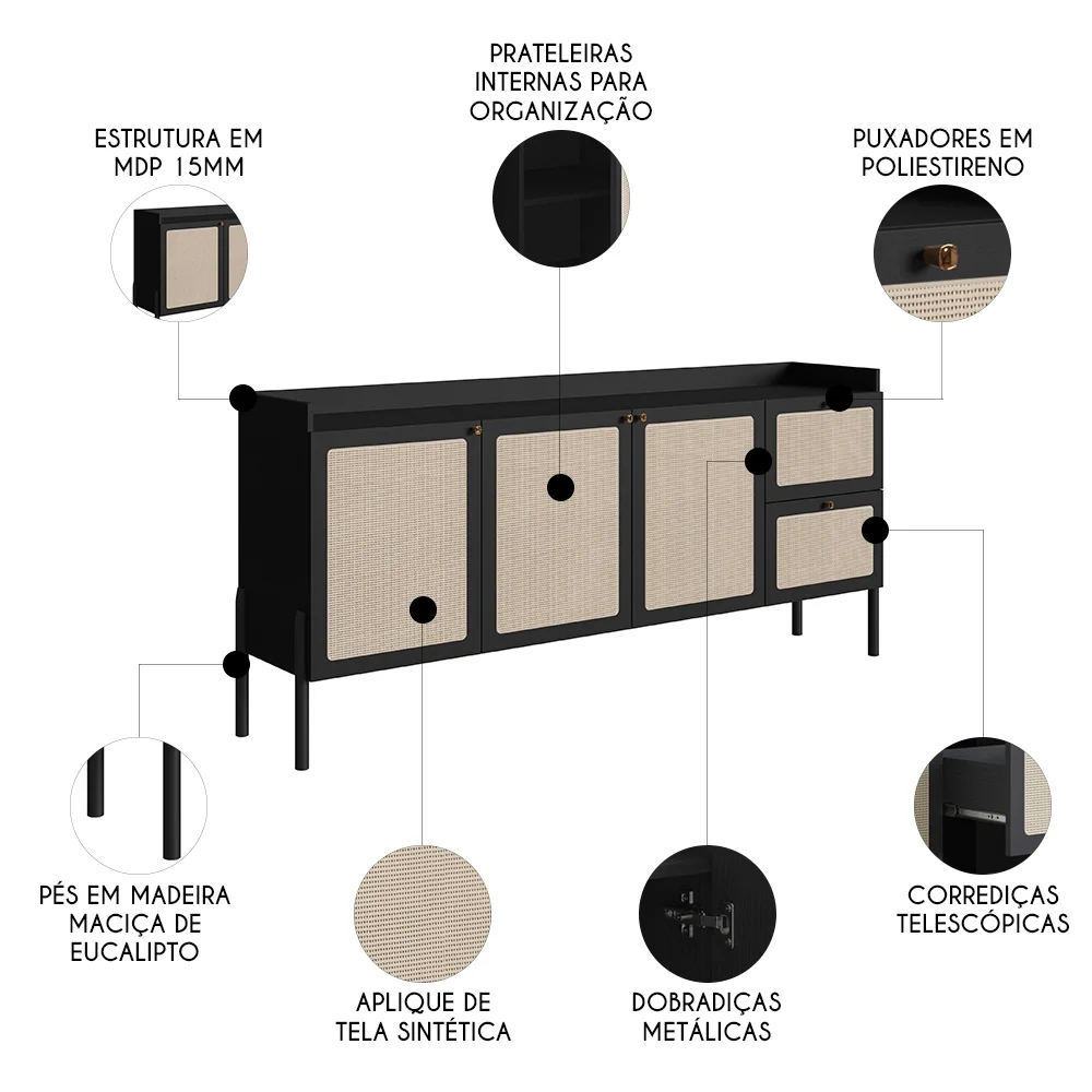 Balcão Aparador Buffet 3 Portas Pés Madeira Arlo A10 Nero/Preto - Mpozenato