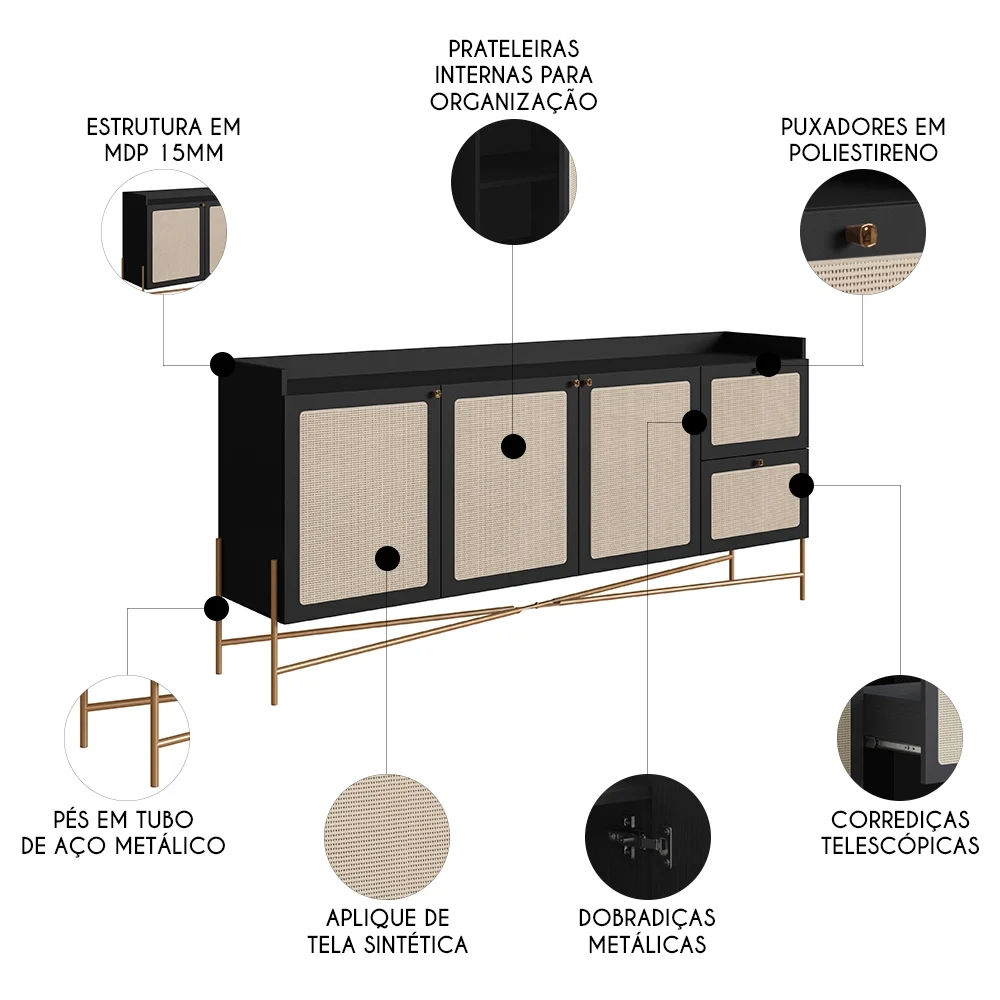 Balcão Aparador Buffet 3 Portas Pé Metal Arlo A10 Nero/Dourado - Mpozenato