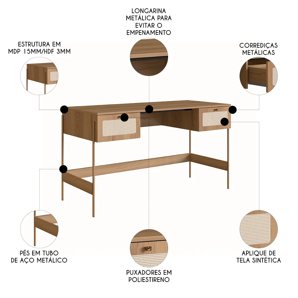 Mesa Escrivaninha Home Office Pé Metal Arlo A10 Hanover/Dourado - Mpozenato