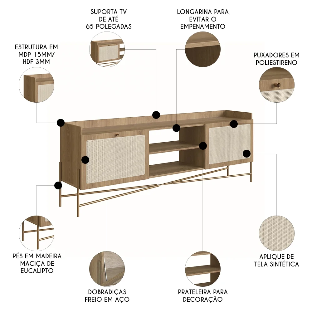 Rack Para Sala Bancada de TV 65 Pol Pé Metal Arlo A10 Hanover/Dourado - Mpozenato
