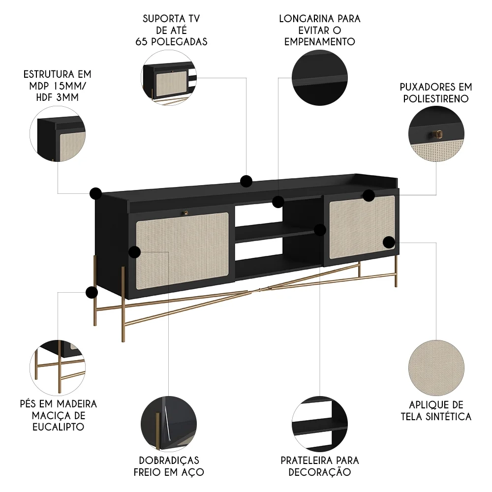 Rack Para Sala Bancada de TV 65 Pol Pé Metal Arlo A10 Nero/Dourado - Mpozenato