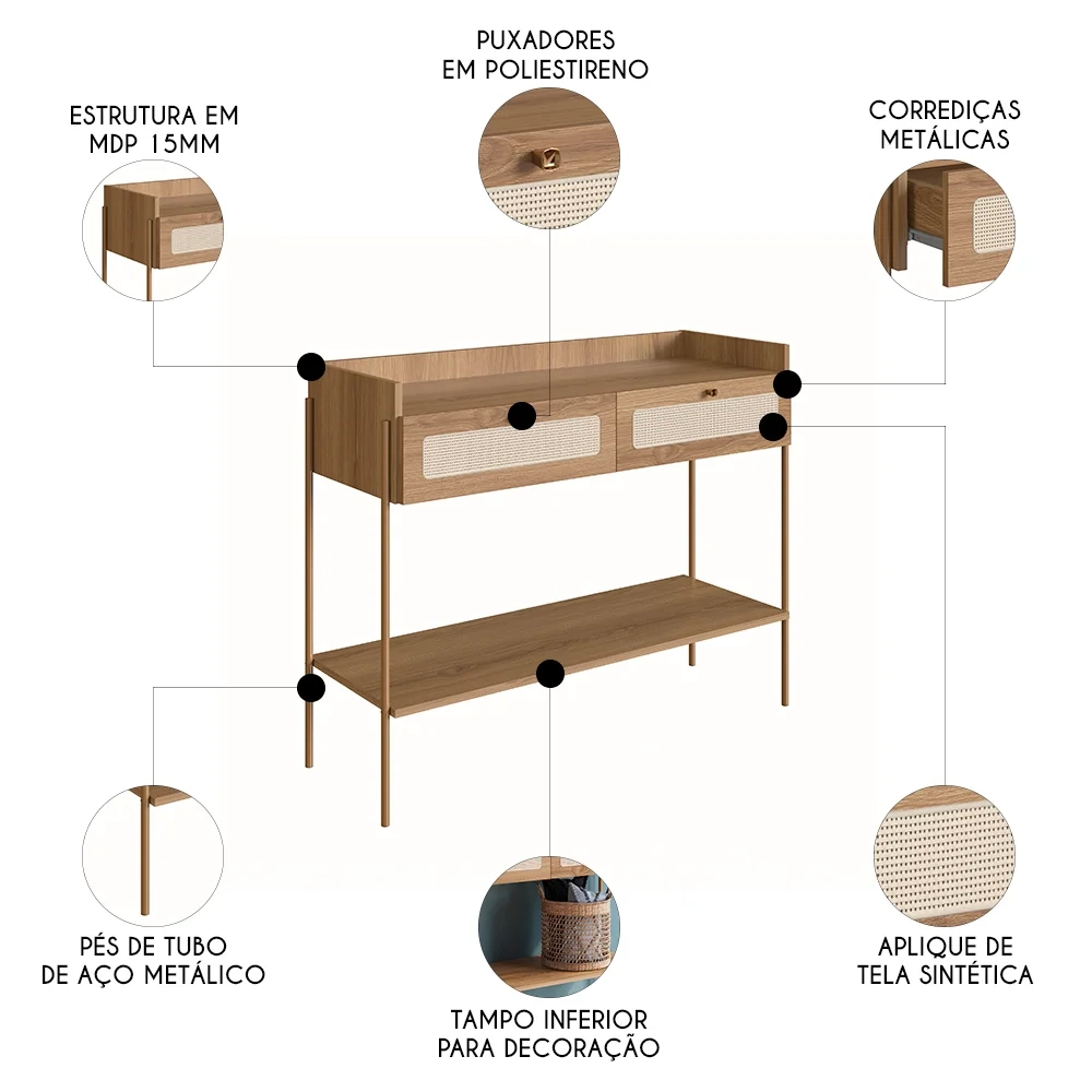 Aparador Para Sala 2 Gavetas Pé Metal Arlo A10 Hanover/Dourado - Mpozenato