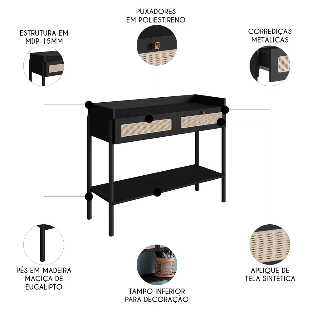 Aparador Para Sala 2 Gavetas Pés Madeira Arlo A10 Nero/Preto - Mpozenato