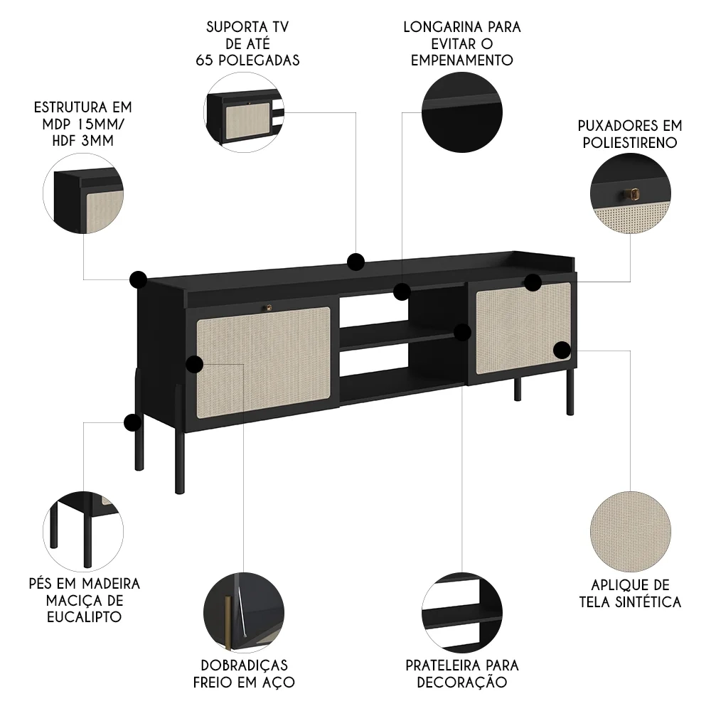 Rack Para Sala Bancada de TV 65 Pol Pés Madeira Arlo A10 Nero/Preto - Mpozenato