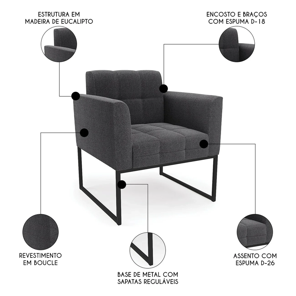 Poltrona Sala Base Industrial Preto Kit 2 Ana Boucle Grafite - Ibiza