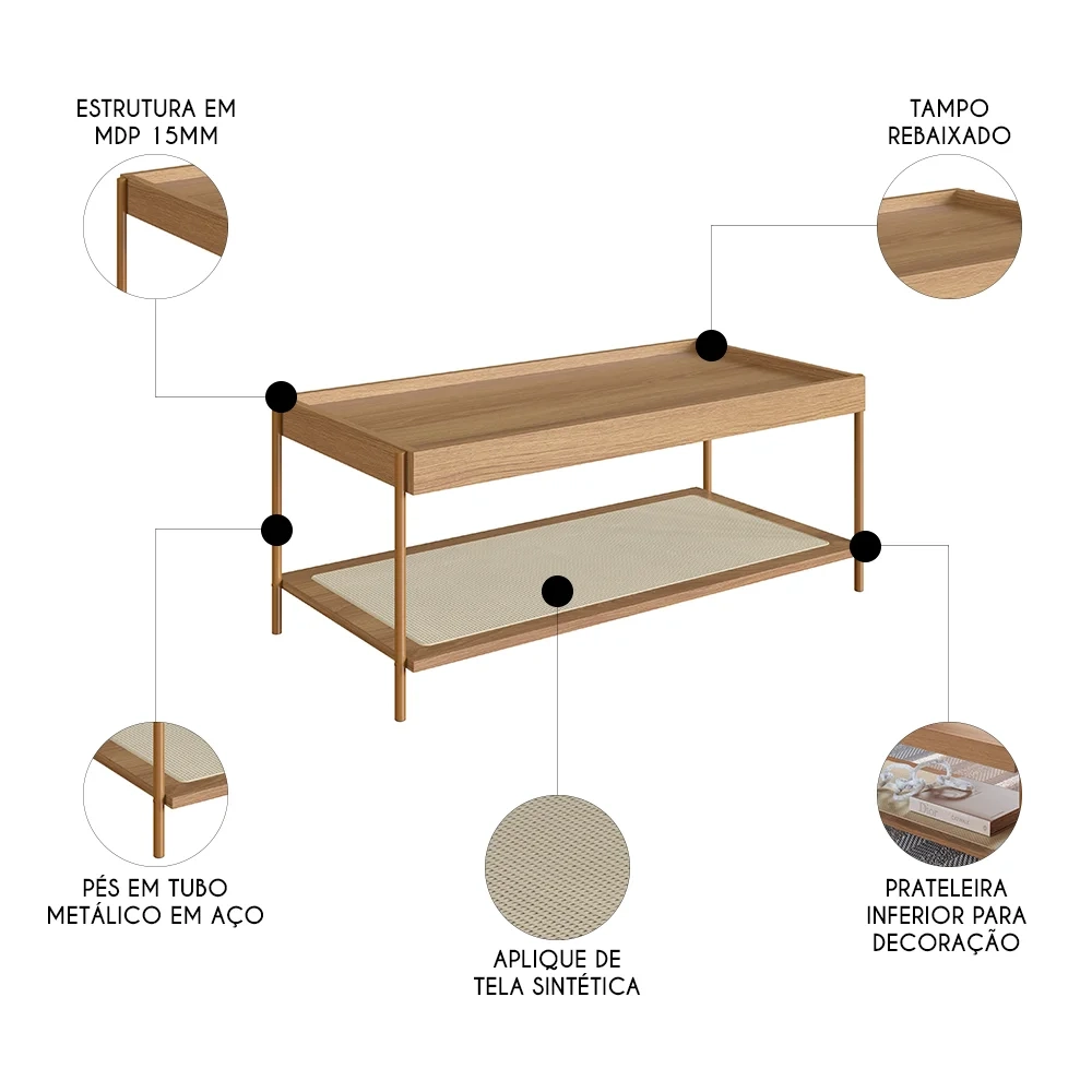 Mesa de Centro Para Sala Pé Metal Arlo A10 Hanover/Dourado - Mpozenato
