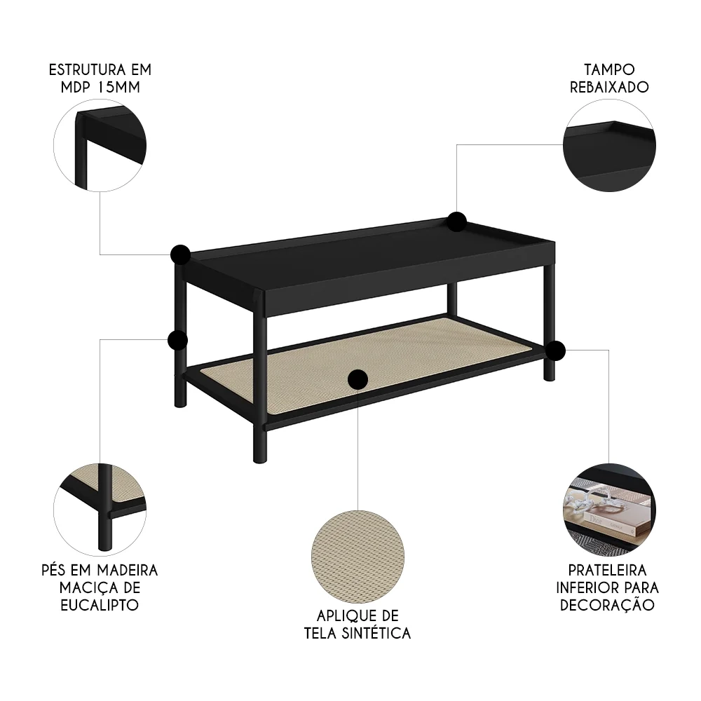 Mesa de Centro Para Sala Pés Madeira Arlo A10 Nero/Preto - Mpozenato
