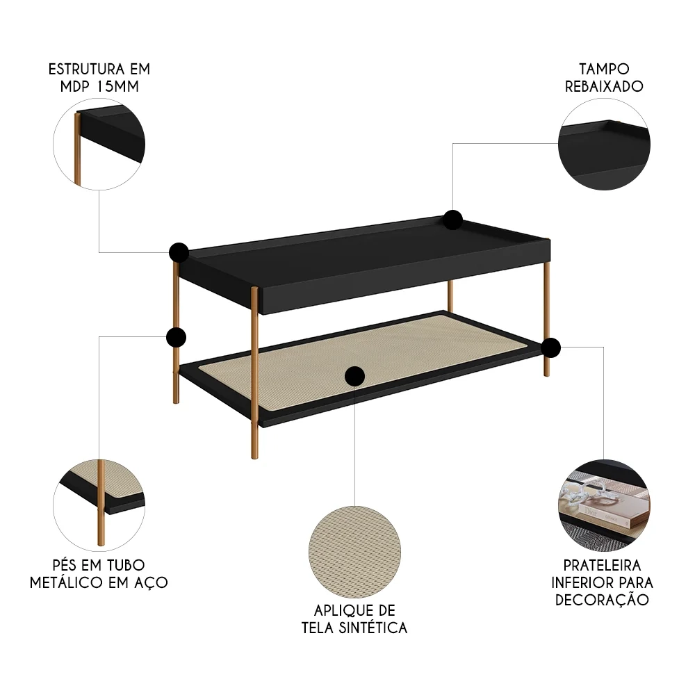 Mesa de Centro Para Sala Pé Metal Arlo A10 Nero/Dourado - Mpozenato