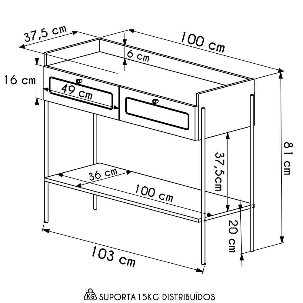 Aparador Para Sala 2 Gavetas Pé Metal Arlo A10 Nero/Dourado - Mpozenato
