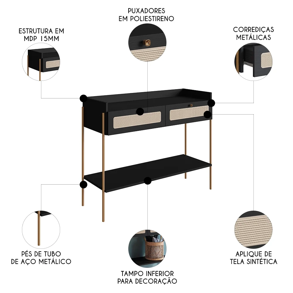 Aparador Para Sala 2 Gavetas Pé Metal Arlo A10 Nero/Dourado - Mpozenato