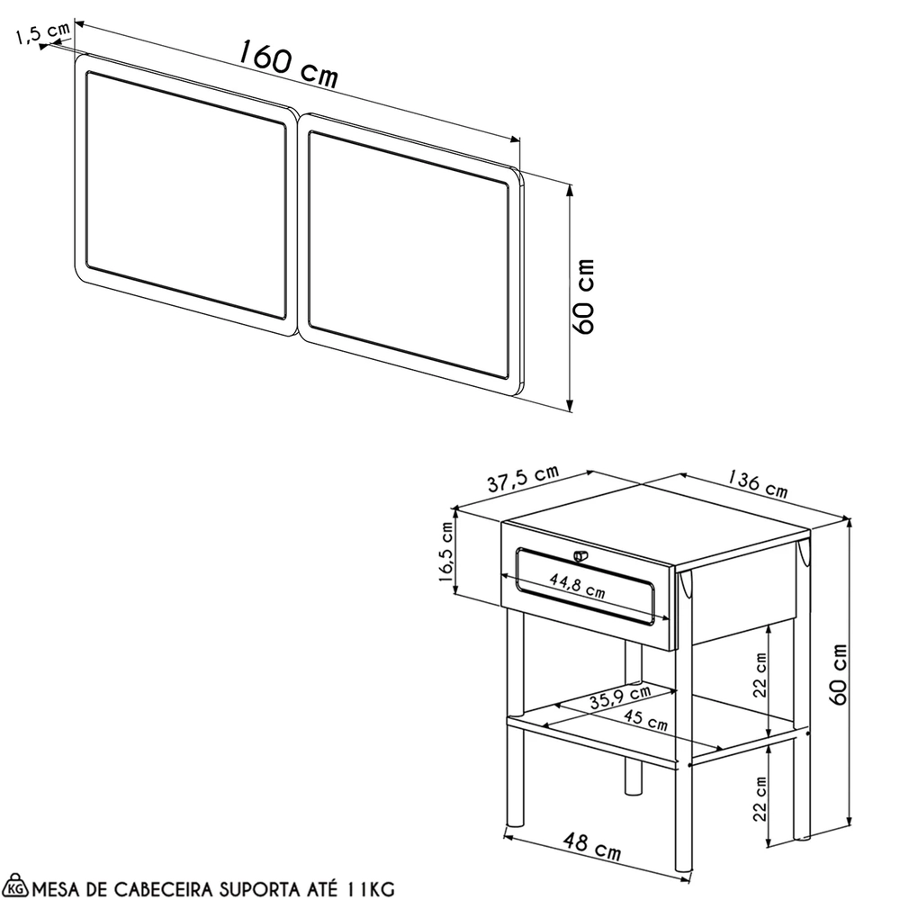 Cabeceira Casal e Queen Com 2 Mesas Laterais Arlo A10 Nero/Preto - Mpozenato