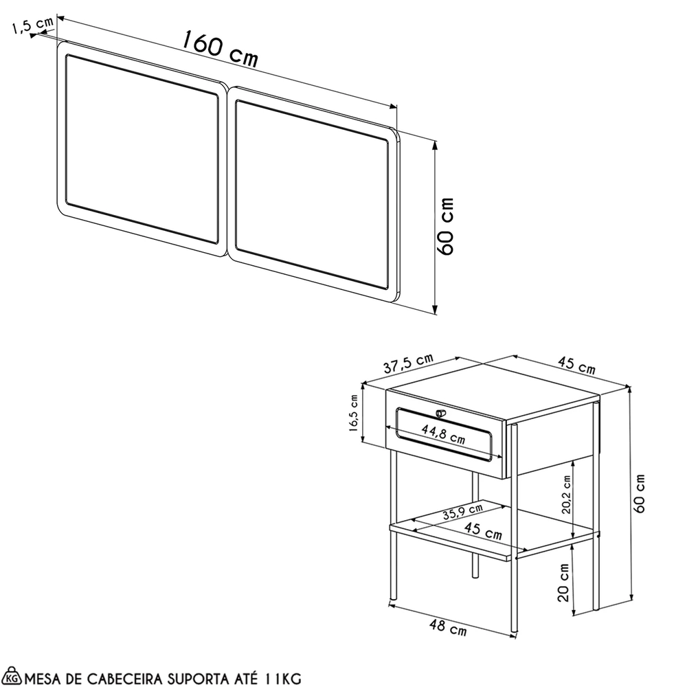 Cabeceira Casal e Queen Com 2 Mesas Laterais Arlo A10 Hanover/Dourado - Mpozenato