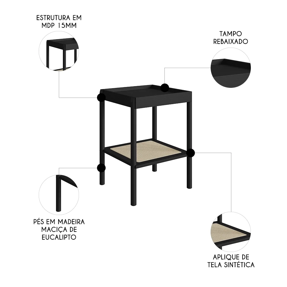 Mesa Lateral Com Prateleira Pés Madeira Arlo A10 Nero/Preto - Mpozenato