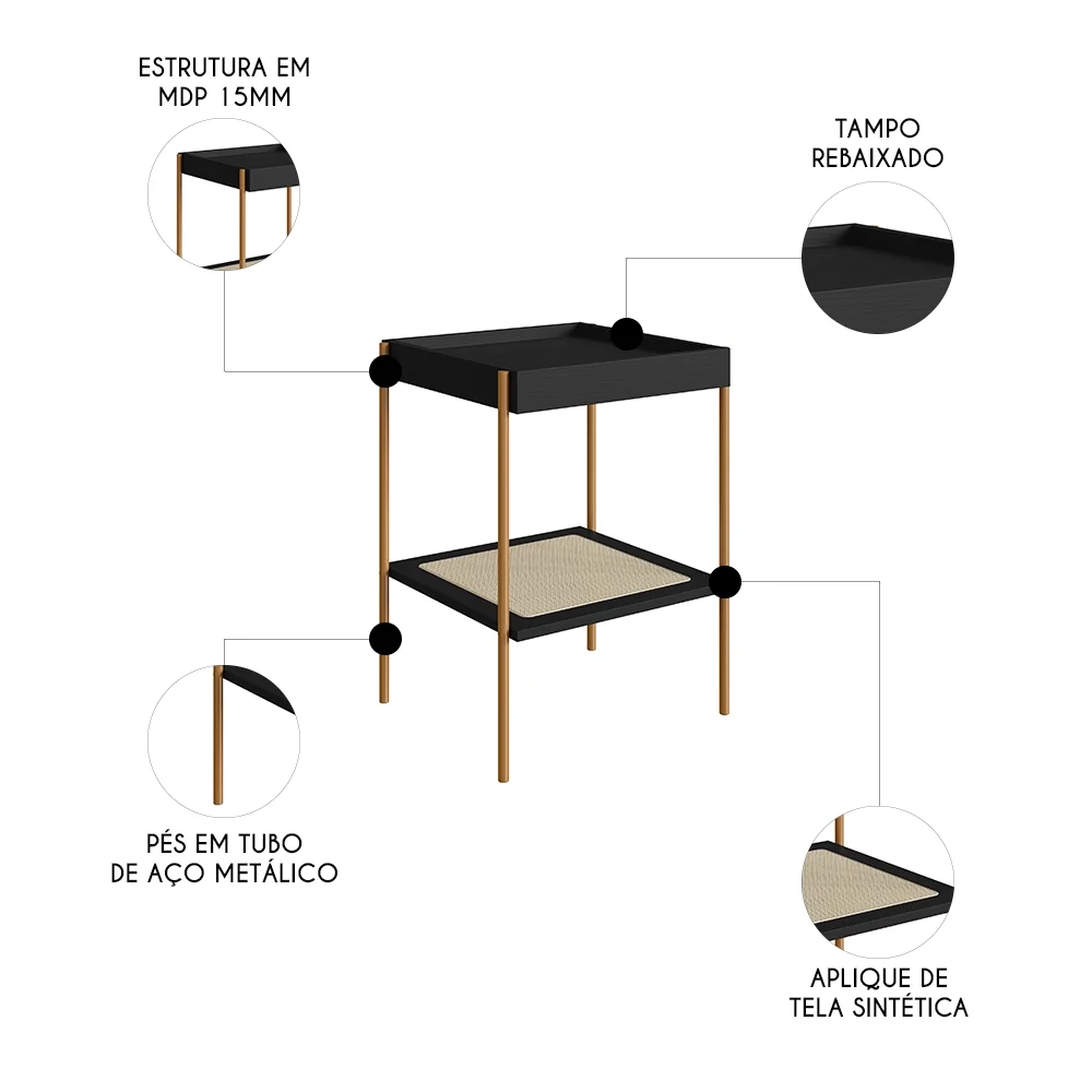 Mesa Lateral Com Prateleira Pé Metal Arlo A10 Nero/Dourado - Mpozenato