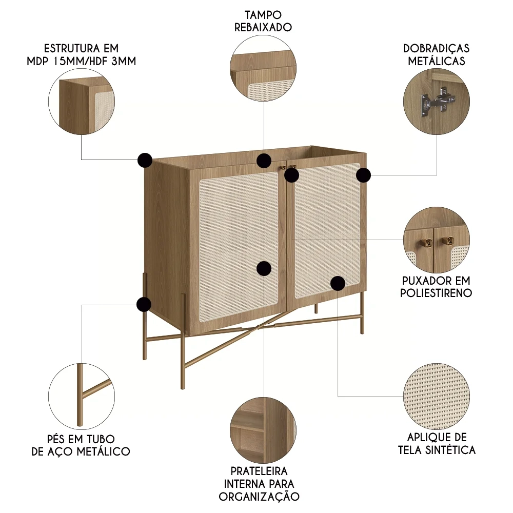 Balcão Aparador Buffet Cantinho do Café Pé Metal Arlo A10 Hanover/Dourado - Mpozenato