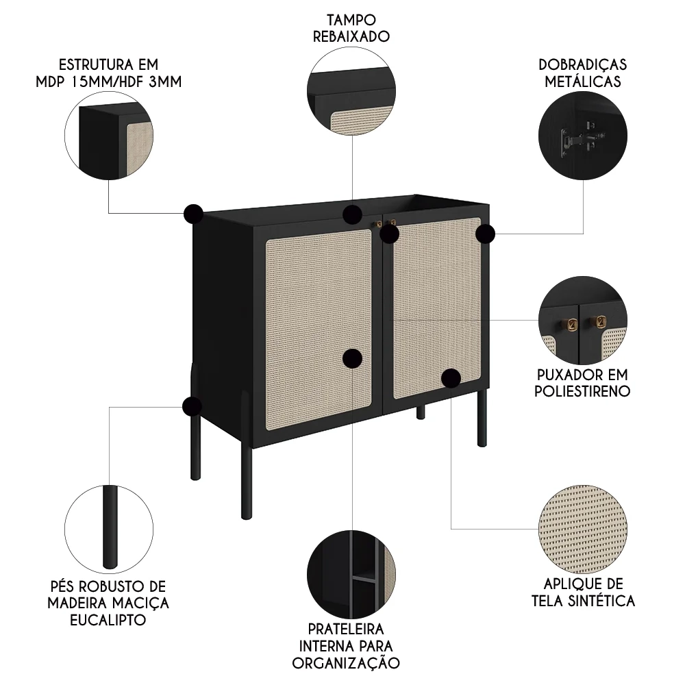 Balcão Aparador Buffet Cantinho do Café Pés Madeira Arlo A10 Nero/Preto - Mpozenato