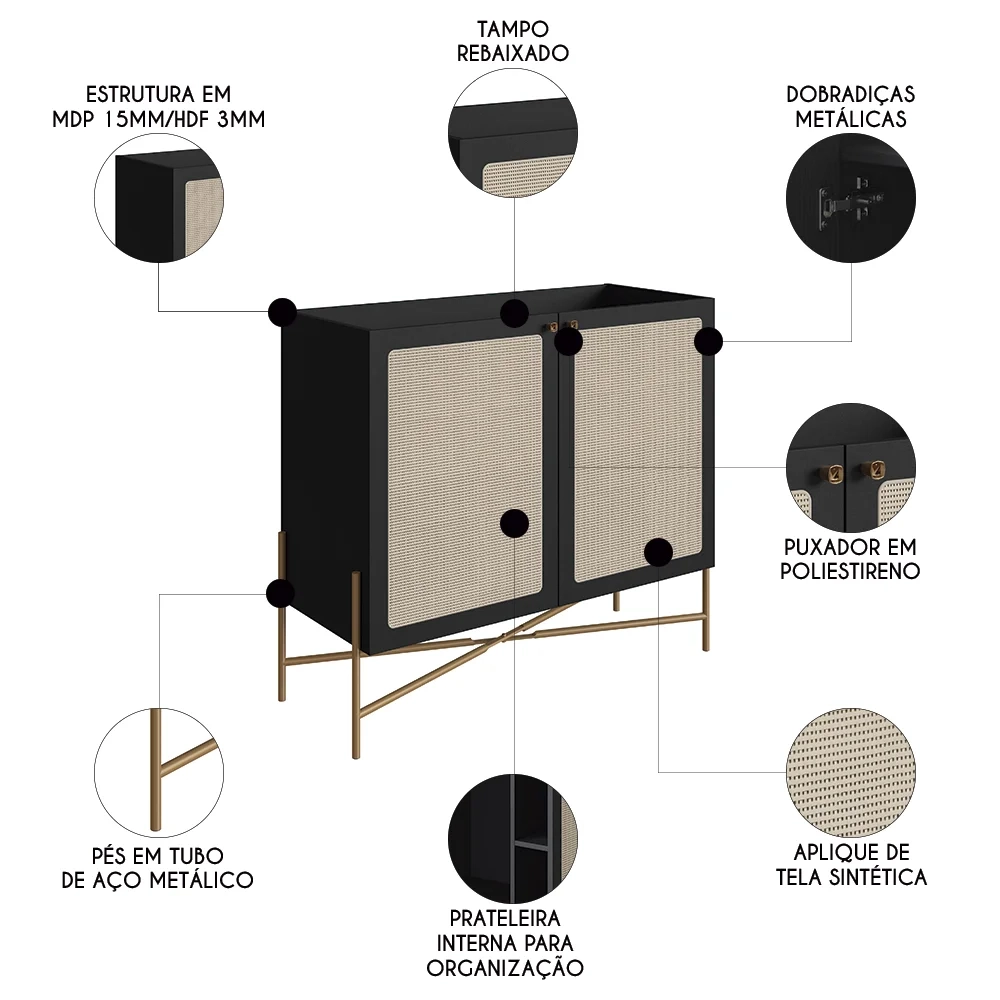 Balcão Aparador Buffet Cantinho do Café Pé Metal Arlo A10 Nero/Dourado - Mpozenato