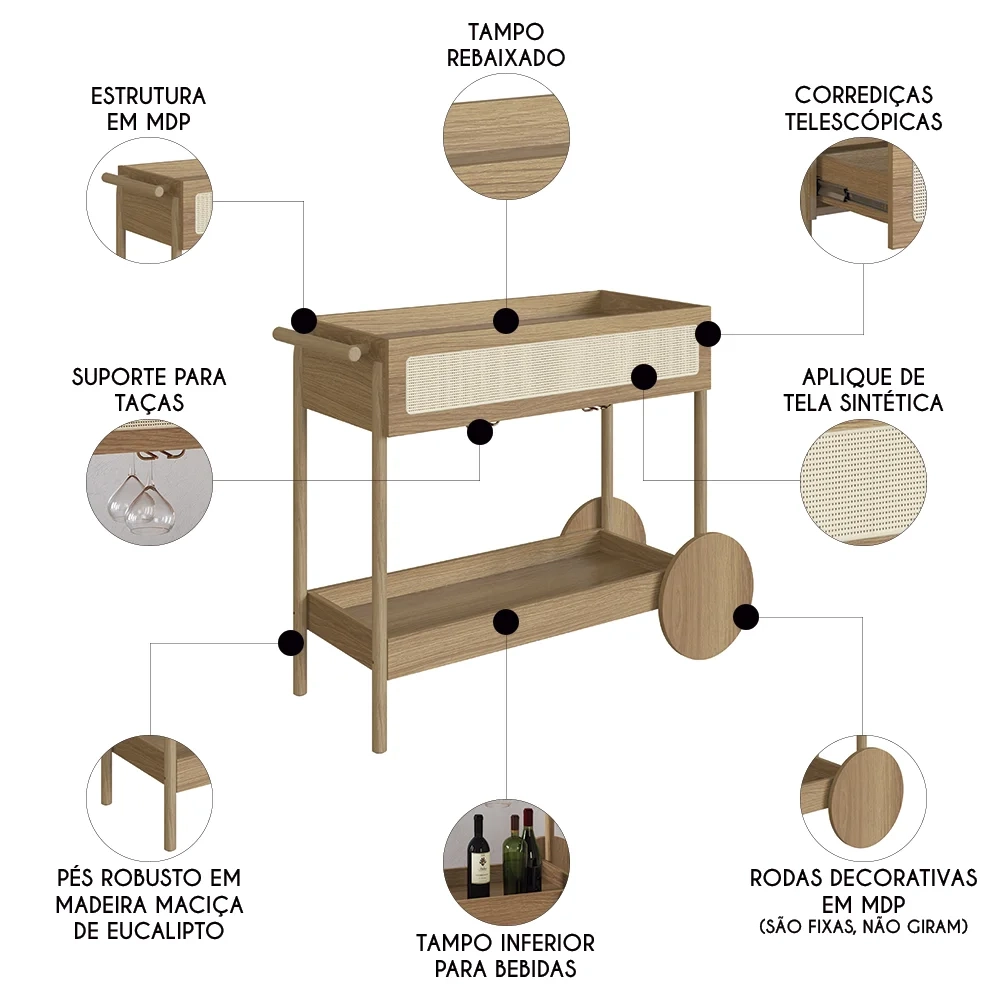 Carrinho Bar 1 Gaveta Porta Taças Pés Madeira Arlo A10 Hanover - Mpozenato