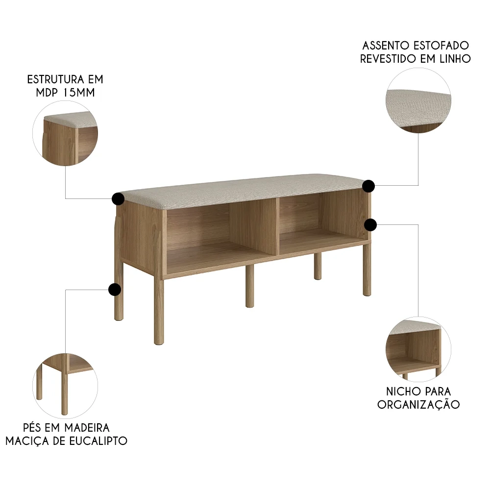 Banco Sapateira Estofada Para Quarto Pés Madeira Arlo A10 Hanover - Mpozenato