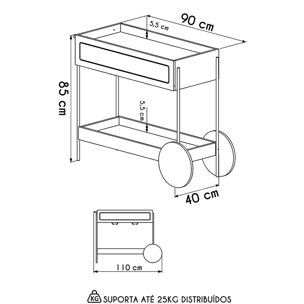 Carrinho Bar 1 Gaveta Porta Taças Pé Metal Arlo A10 Hanover/Dourado - Mpozenato