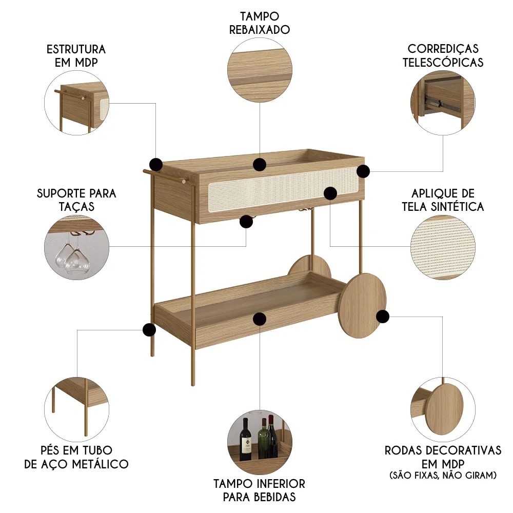 Carrinho Bar 1 Gaveta Porta Taças Pé Metal Arlo A10 Hanover/Dourado - Mpozenato