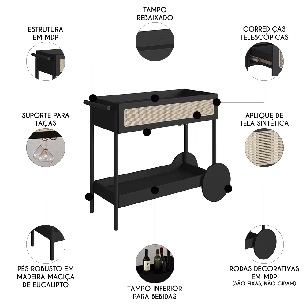 Carrinho Bar 1 Gaveta Porta Taças Pés Madeira Arlo A10 Nero/Preto - Mpozenato