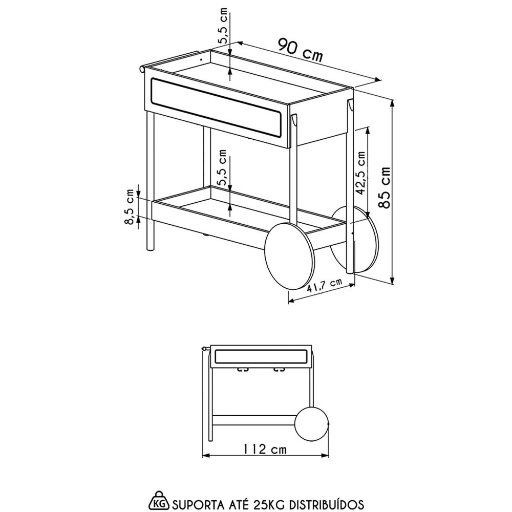 Carrinho Bar 1 Gaveta Porta Taças Pés Madeira Arlo A10 Nero/Preto - Mpozenato