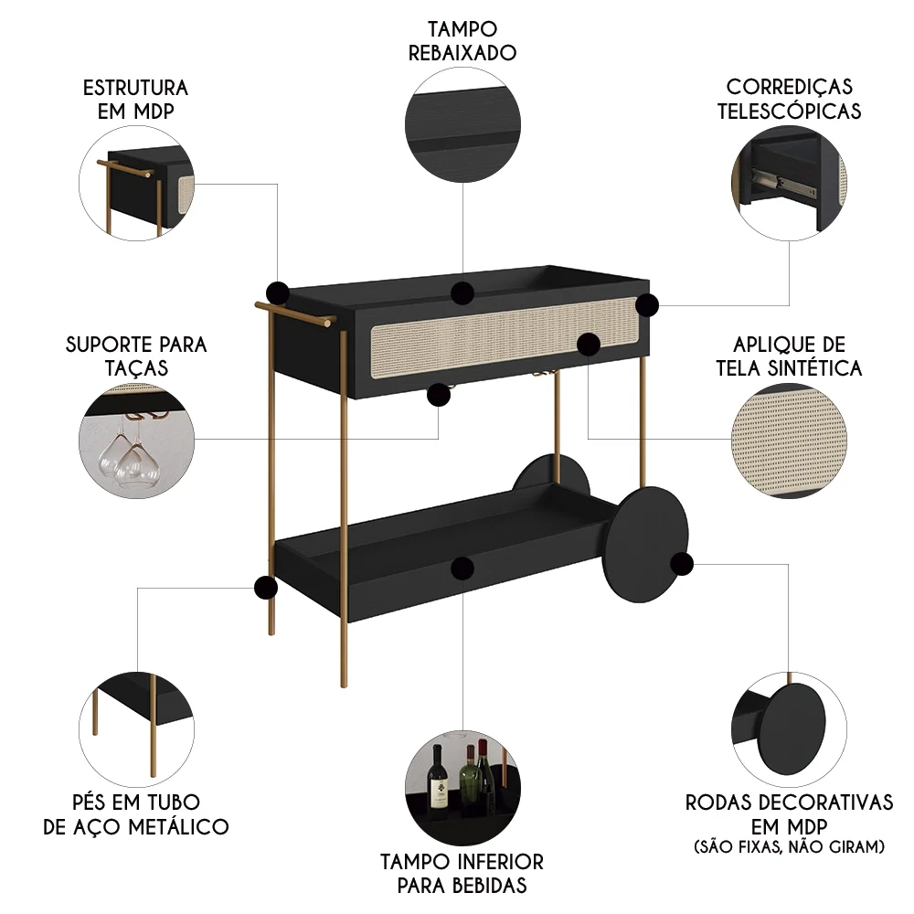 Carrinho Bar 1 Gaveta Porta Taça Pé Metal Arlo A10 Nero/Dourado - Mpozenato
