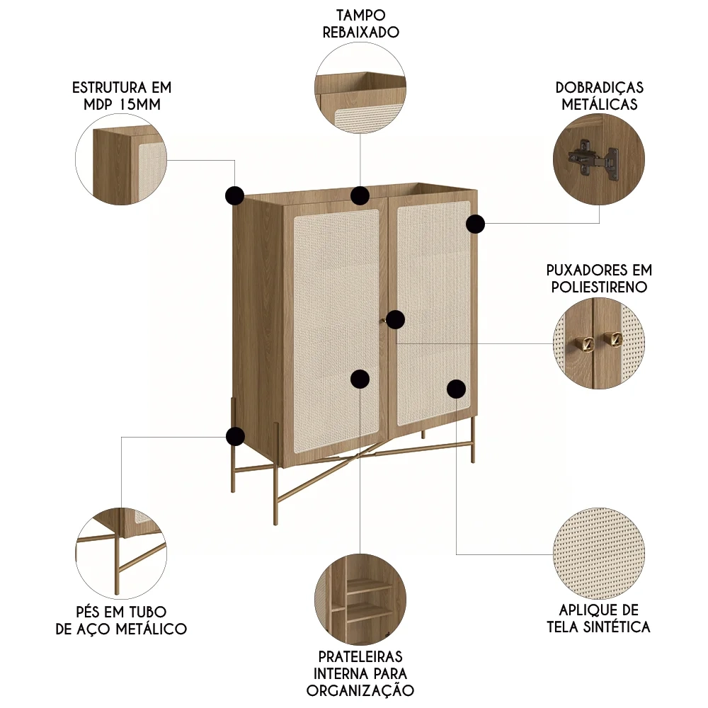 Armário Aparador Bar 2 Portas Pé Metal Arlo A10 Hanover/Dourado - Mpozenato