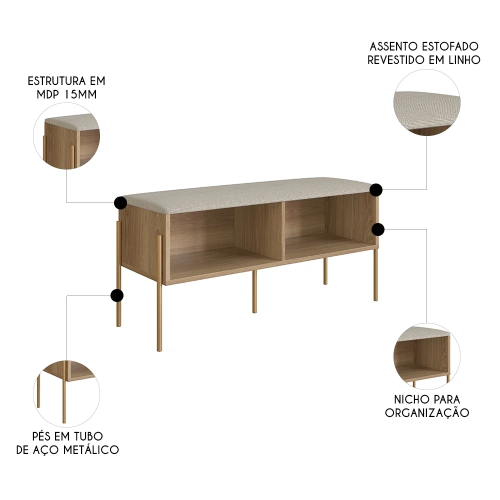 Banco Sapateira Estofada Para Quarto Pé Metal Arlo A10 Hanover/Dourado - Mpozenato