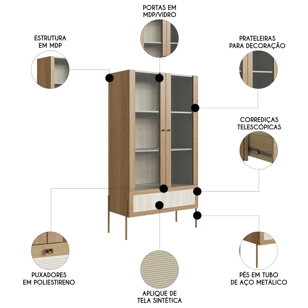 Cristaleira 2 Portas de Vidro Pé Metal Arlo A10 Hanover/Dourado - Mpozenato