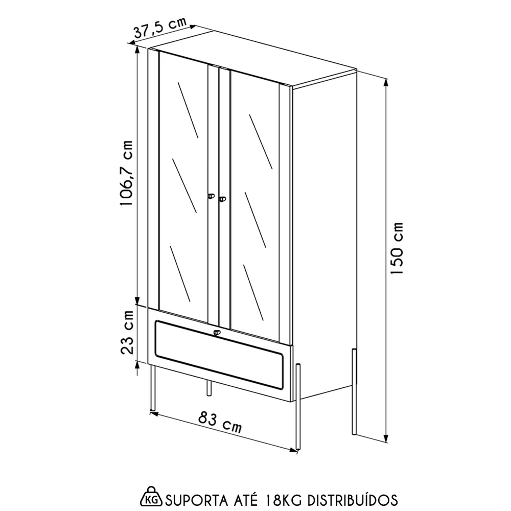 Cristaleira 2 Portas de Vidro Pé Metal Arlo A10 Hanover/Dourado - Mpozenato