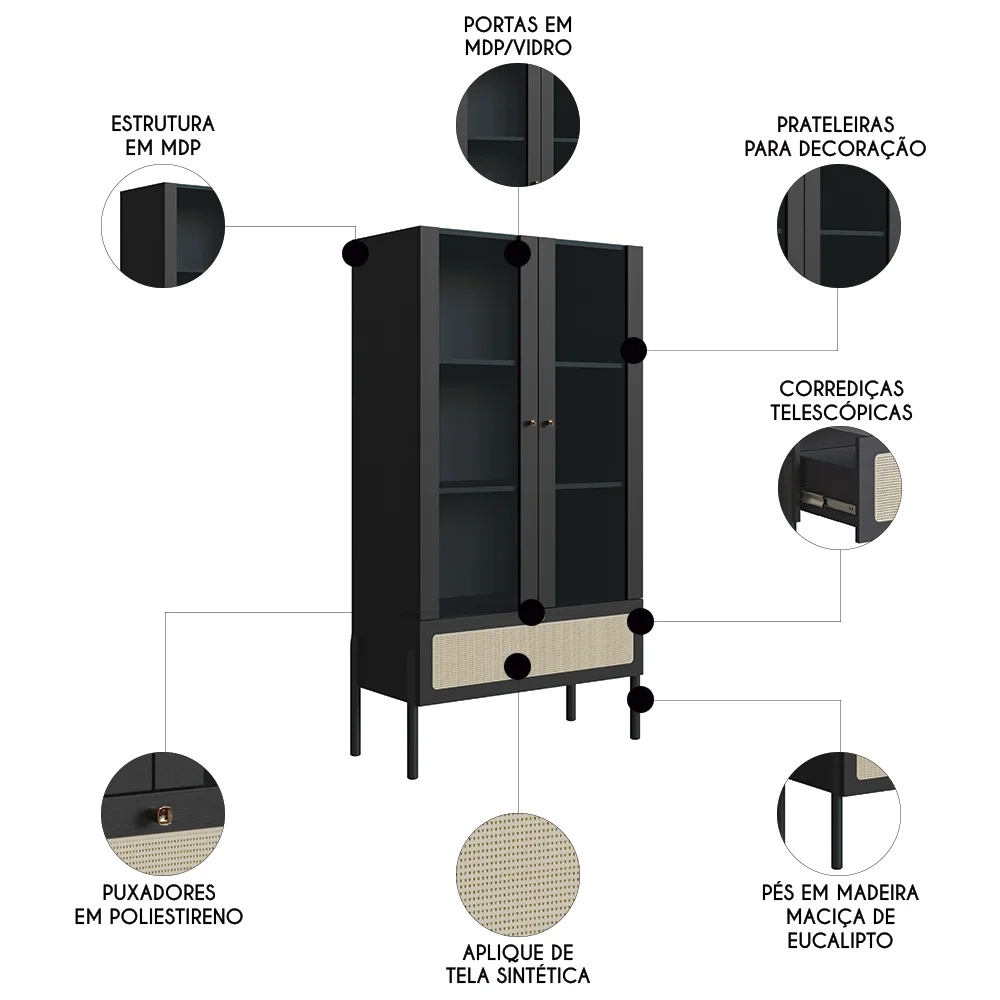 Cristaleira 2 Portas de Vidro Pés Madeira Arlo A10 Nero/Preto - Mpozenato