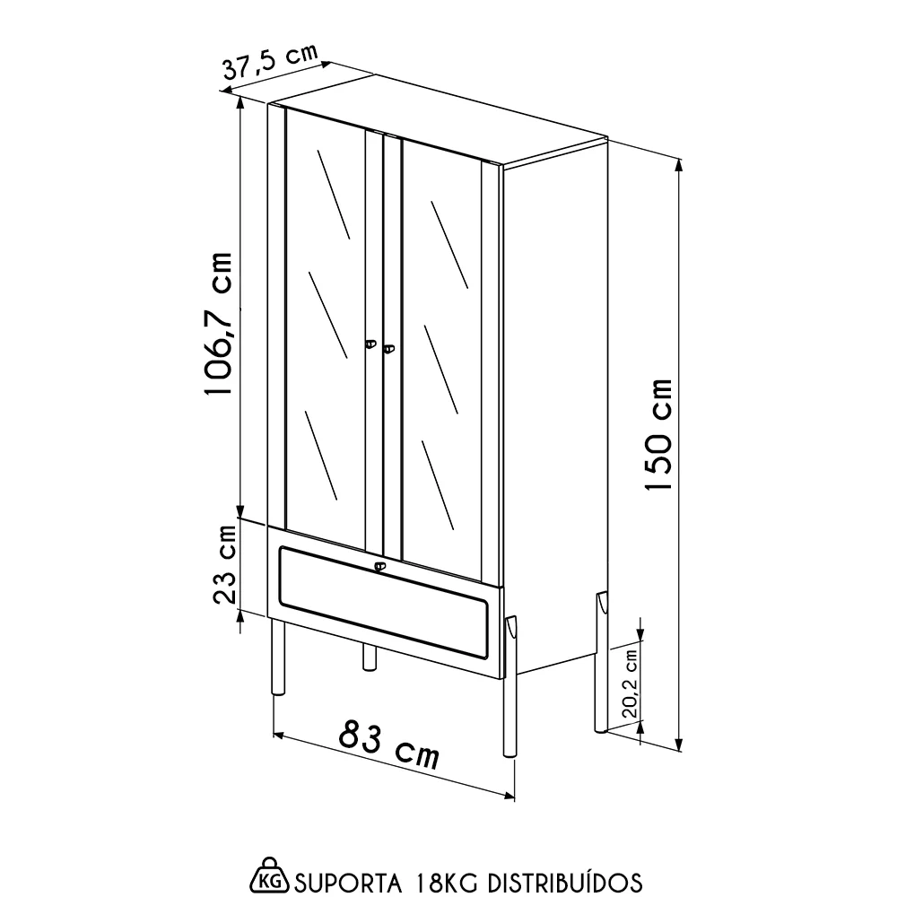 Cristaleira 2 Portas de Vidro Pés Madeira Arlo A10 Hanover - Mpozenato