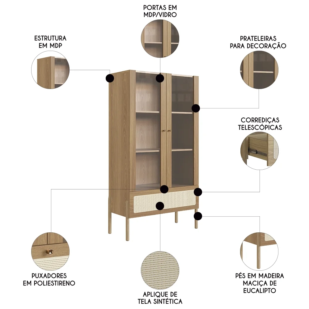 Cristaleira 2 Portas de Vidro Pés Madeira Arlo A10 Hanover - Mpozenato