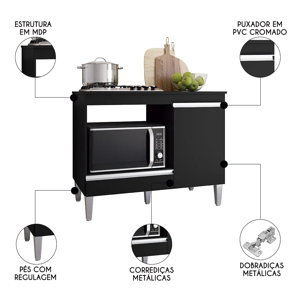Balcão de Cozinha Para Cooktop e Forno Microondas Carla Preto - AJL Móveis