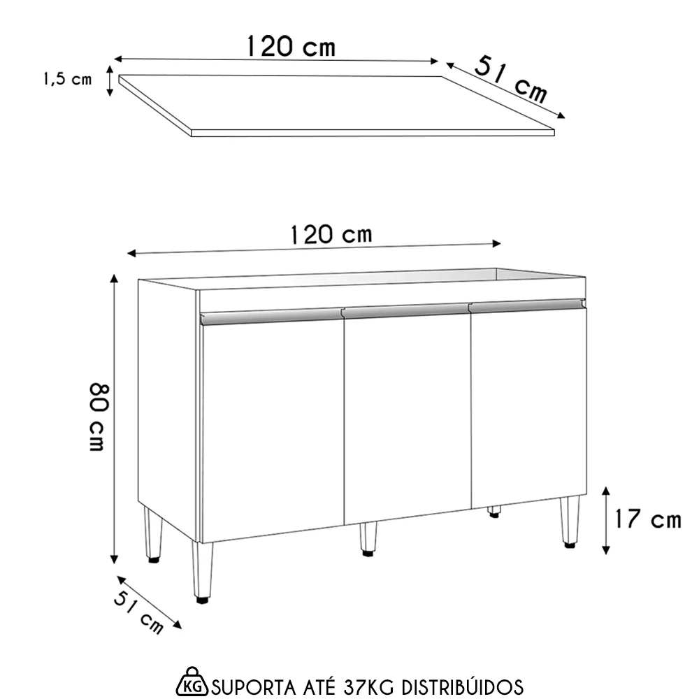 Balcão de Cozinha Com Tampo 120cm Manu Preto/Amêndoa - AJL Móveis