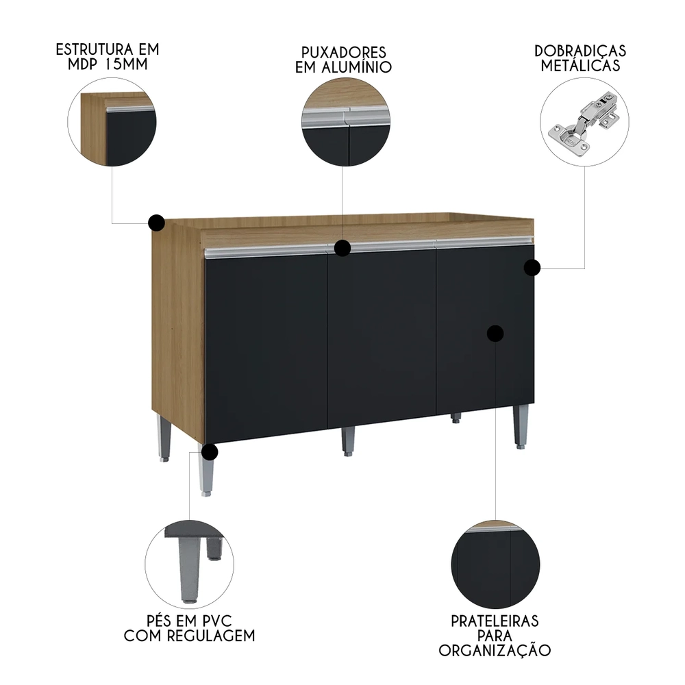 Balcão de Cozinha Com Pia Inox 120cm Manu Preto/Amêndoa - AJL Móveis